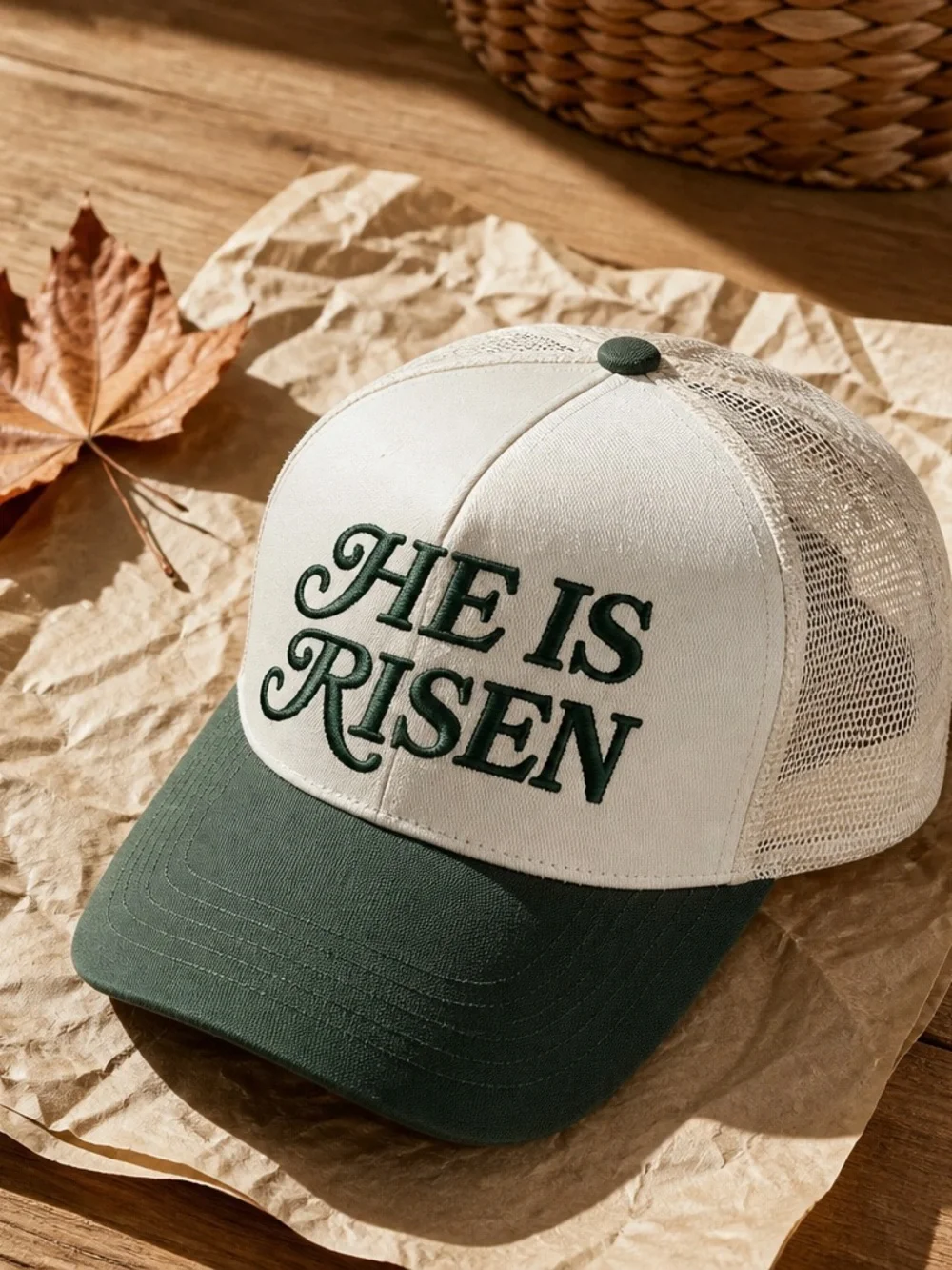 NWT Women’s Trucker Hat Cream and Green Embroidered He Is Risen Baseball Cap